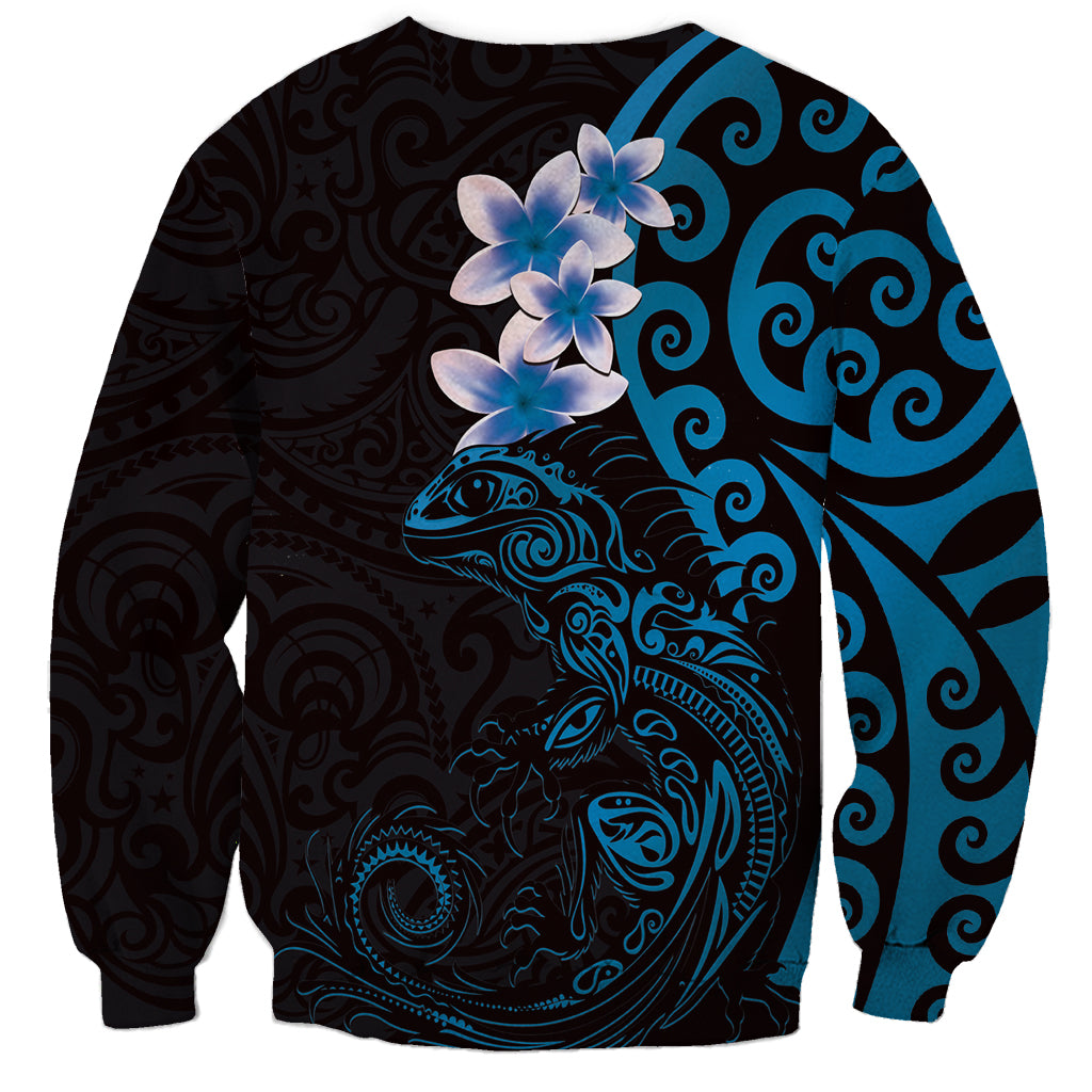 New Zealand Tuatara Plumeria Sweatshirt Maori Blue Koru Tribal Tattoo LT01 - Polynesian Pride