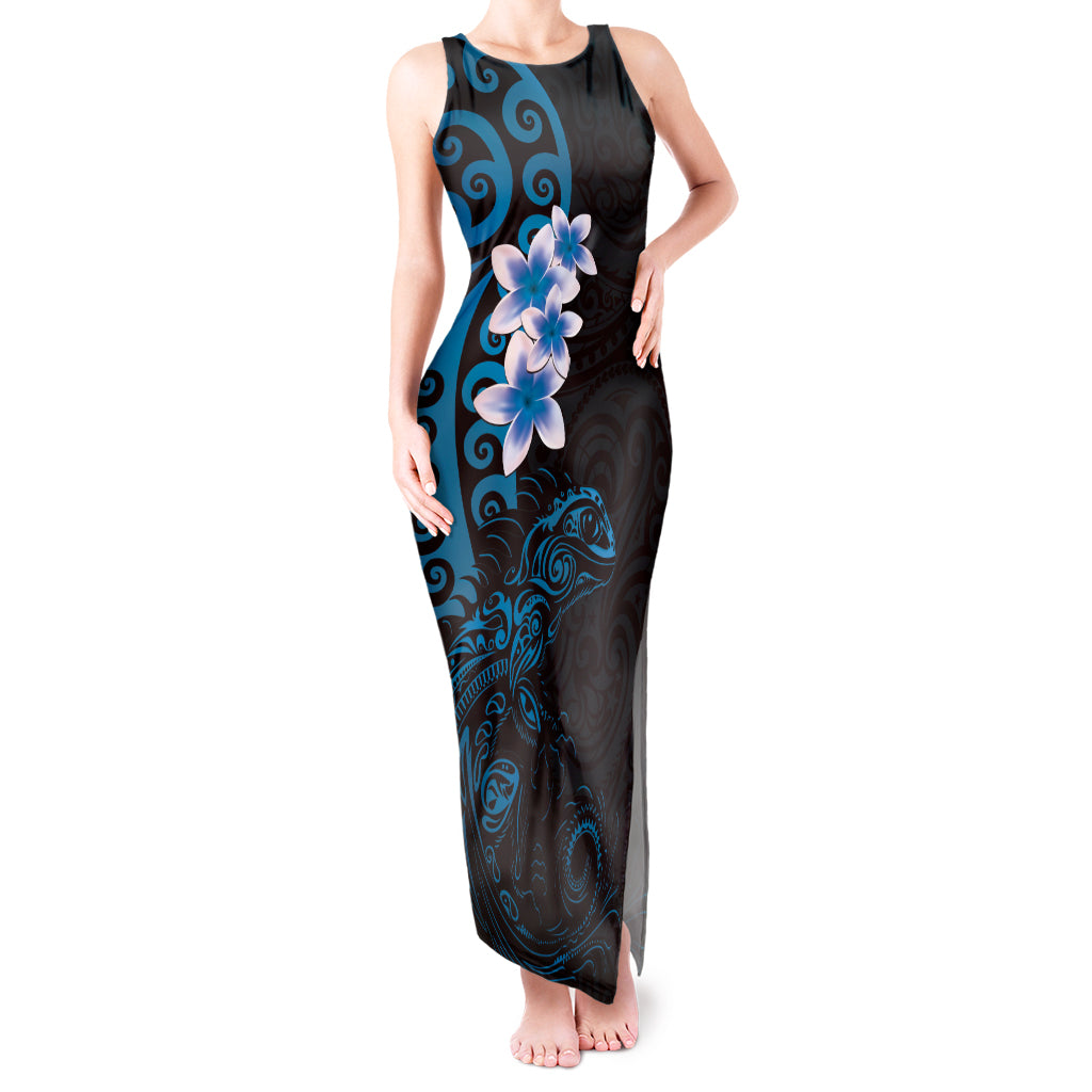New Zealand Tuatara Plumeria Tank Maxi Dress Maori Blue Koru Tribal Tattoo LT01 Women Blue - Polynesian Pride
