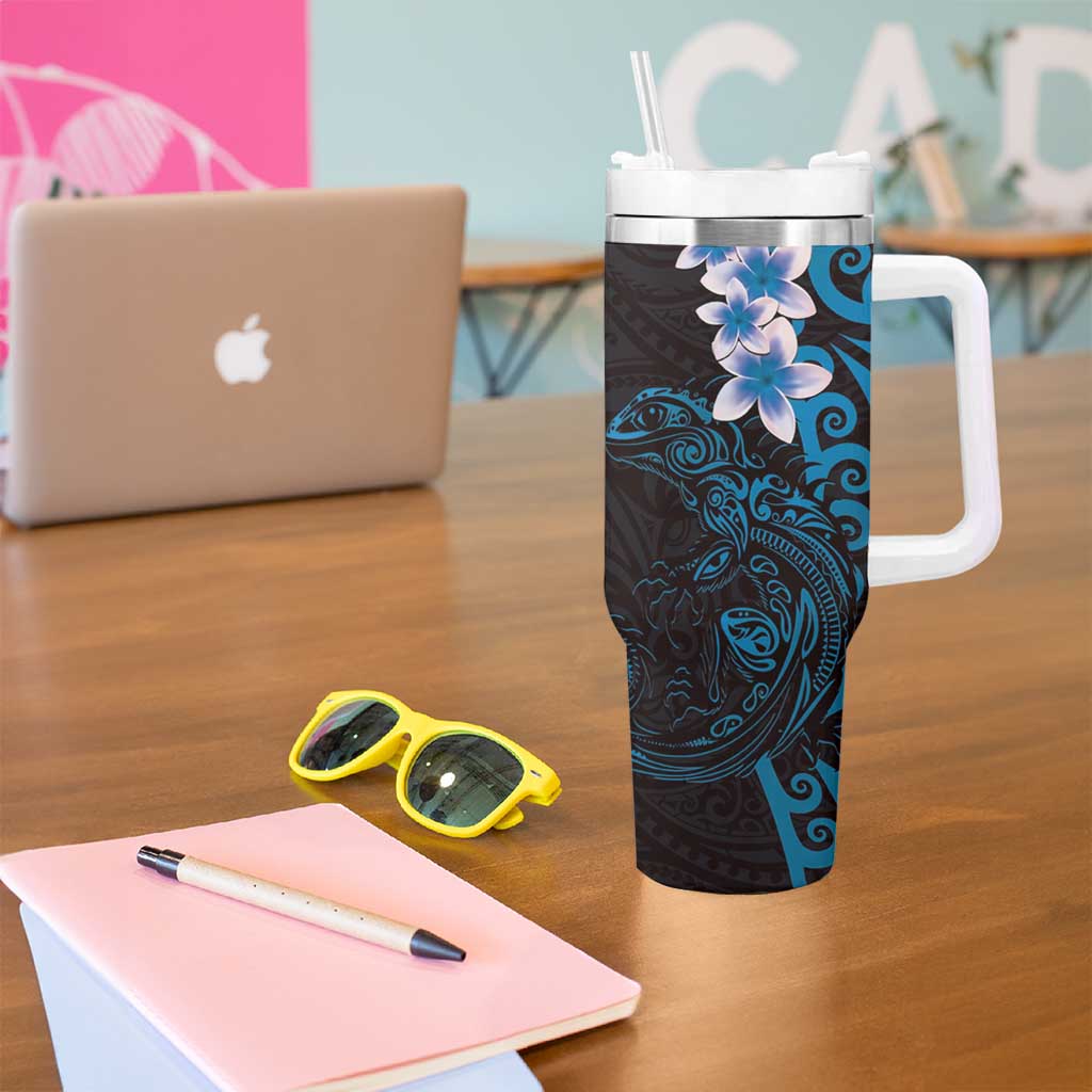 New Zealand Tuatara Plumeria Tumbler With Handle Maori Blue Koru Tribal Tattoo LT01 - Polynesian Pride