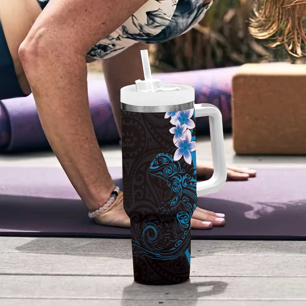 New Zealand Tuatara Plumeria Tumbler With Handle Maori Blue Koru Tribal Tattoo LT01 - Polynesian Pride