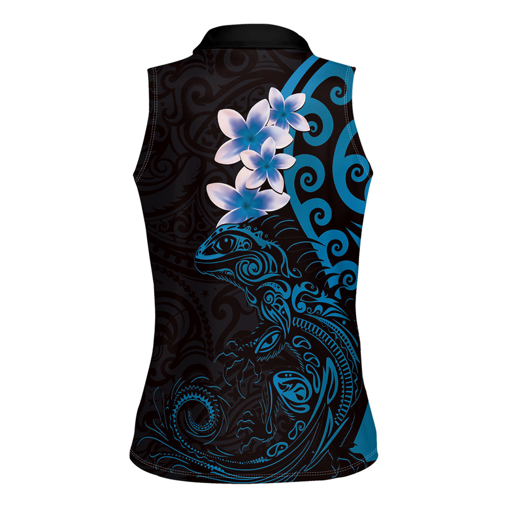 New Zealand Tuatara Plumeria Women Sleeveless Polo Shirt Maori Blue Koru Tribal Tattoo LT01 - Polynesian Pride