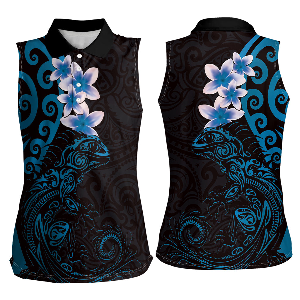 New Zealand Tuatara Plumeria Women Sleeveless Polo Shirt Maori Blue Koru Tribal Tattoo LT01 - Polynesian Pride
