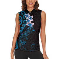 New Zealand Tuatara Plumeria Women Sleeveless Polo Shirt Maori Blue Koru Tribal Tattoo LT01 - Polynesian Pride