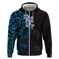 New Zealand Tuatara Plumeria Zip Hoodie Maori Blue Koru Tribal Tattoo LT01 Zip Hoodie Blue - Polynesian Pride