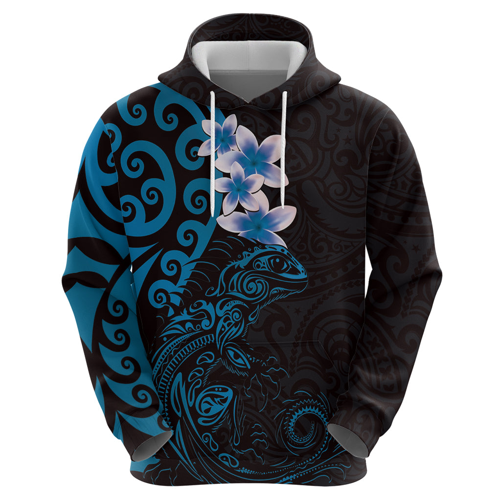 New Zealand Tuatara Plumeria Zip Hoodie Maori Blue Koru Tribal Tattoo LT01 - Polynesian Pride