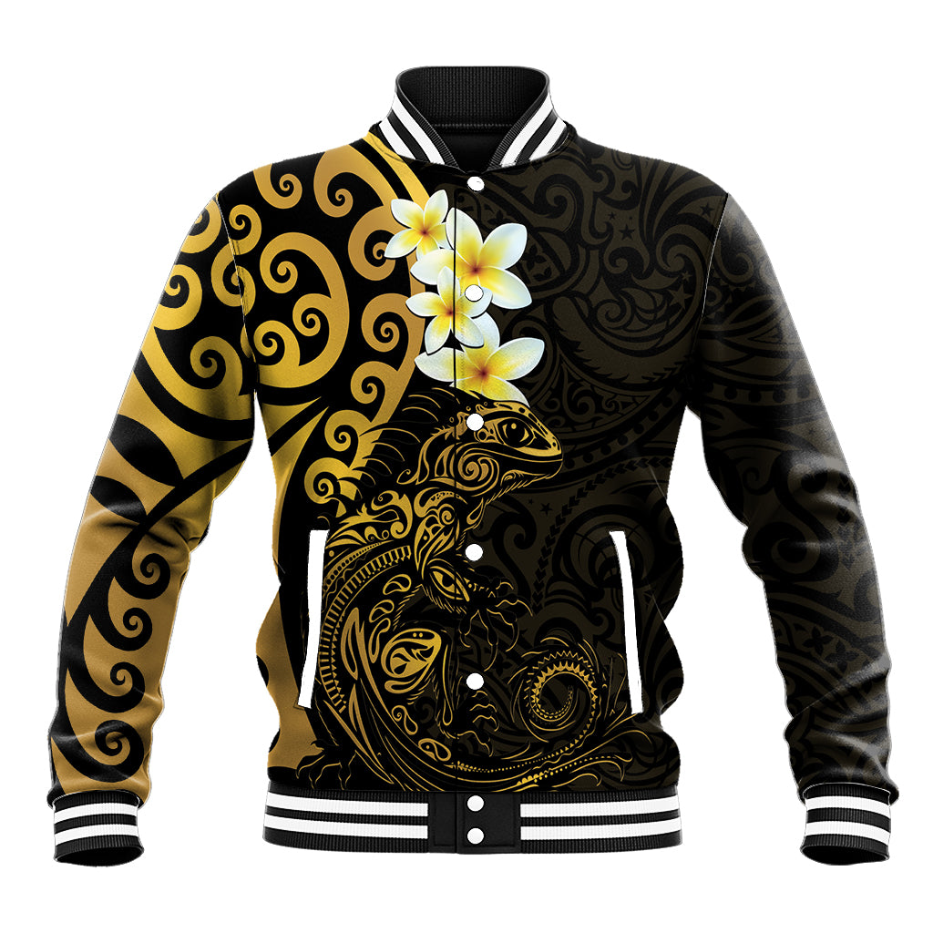 New Zealand Tuatara Plumeria Baseball Jacket Maori Gold Koru Tribal Tattoo LT01 Unisex Gold - Polynesian Pride