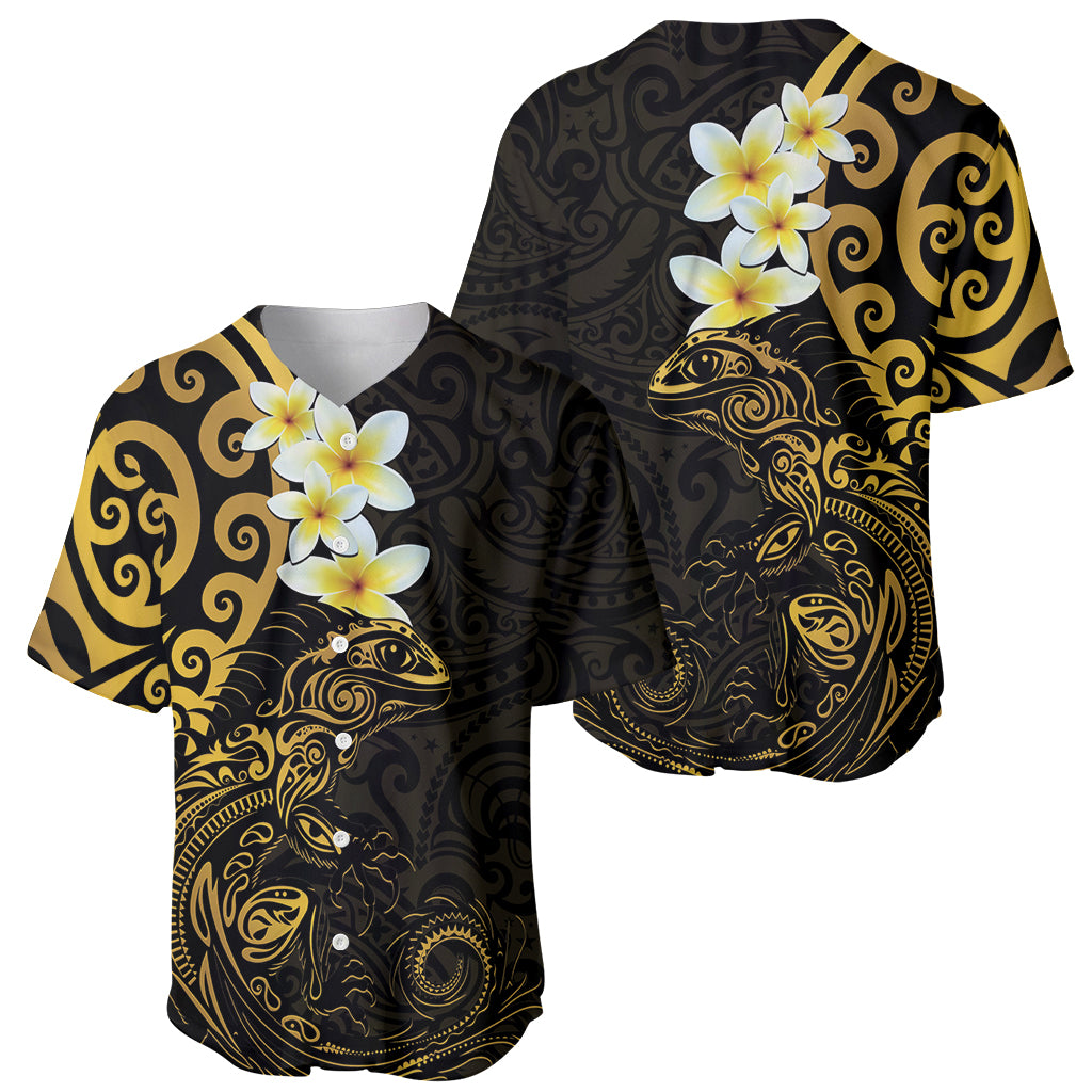 New Zealand Tuatara Plumeria Baseball Jersey Maori Gold Koru Tribal Tattoo LT01 - Polynesian Pride