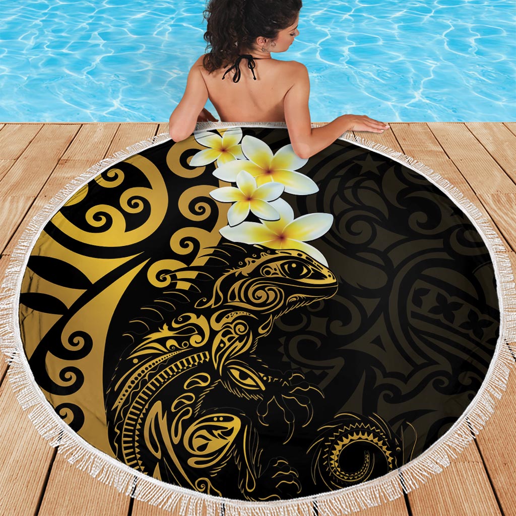 New Zealand Tuatara Plumeria Beach Blanket Maori Gold Koru Tribal Tattoo LT01 - Polynesian Pride