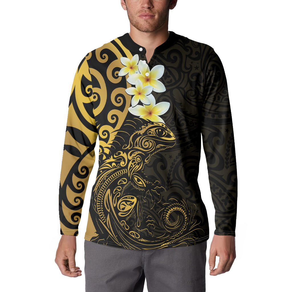 New Zealand Tuatara Plumeria Button Sweatshirt Maori Gold Koru Tribal Tattoo LT01 - Polynesian Pride