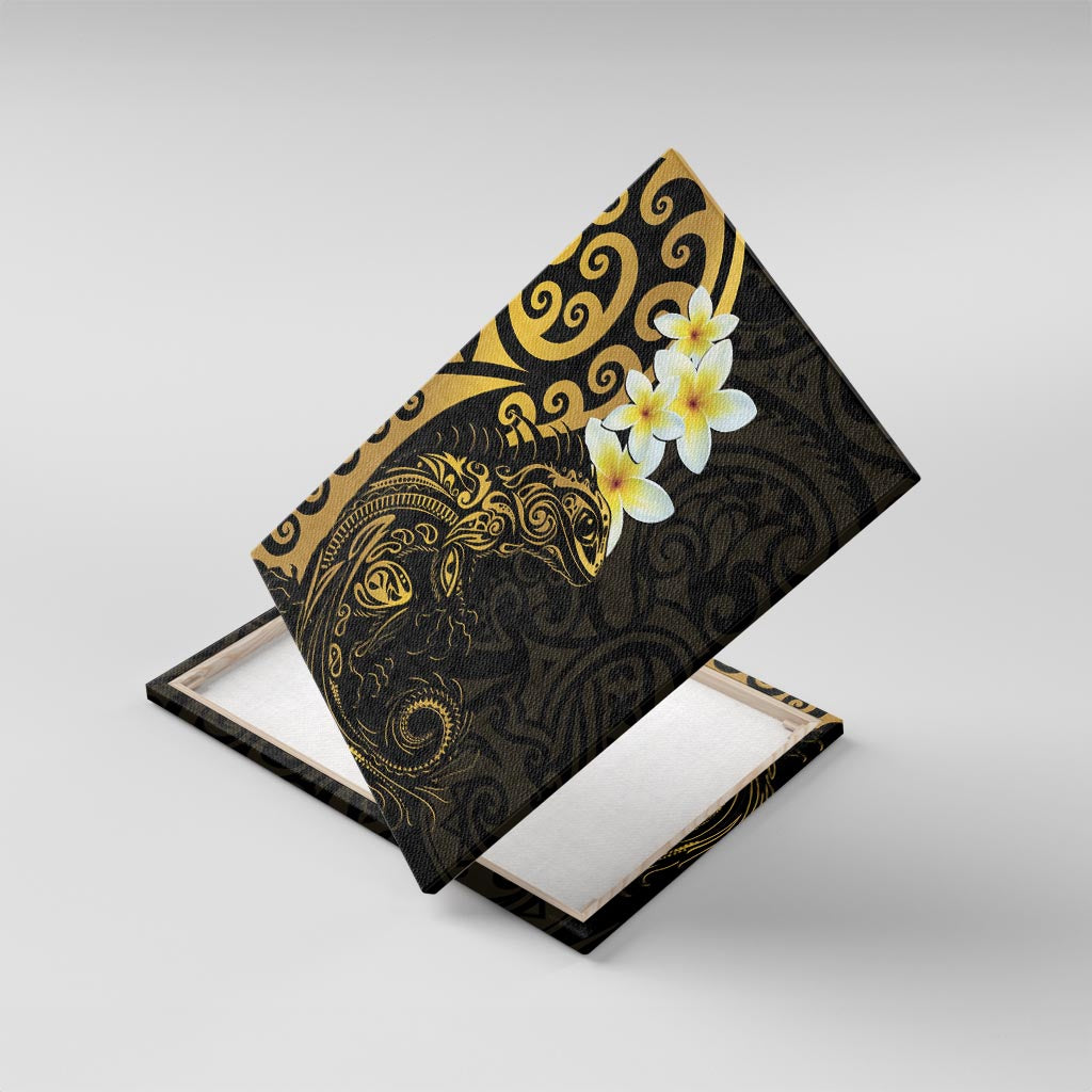 New Zealand Tuatara Plumeria Canvas Wall Art Maori Gold Koru Tribal Tattoo LT01 With Frame Gold - Polynesian Pride
