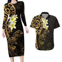 New Zealand Tuatara Plumeria Couples Matching Long Sleeve Bodycon Dress and Hawaiian Shirt Maori Gold Koru Tribal Tattoo LT01 Gold - Polynesian Pride