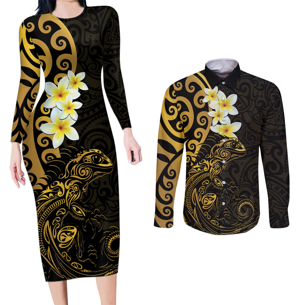New Zealand Tuatara Plumeria Couples Matching Long Sleeve Bodycon Dress and Long Sleeve Button Shirt Maori Gold Koru Tribal Tattoo LT01 Gold - Polynesian Pride