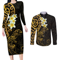 New Zealand Tuatara Plumeria Couples Matching Long Sleeve Bodycon Dress and Long Sleeve Button Shirt Maori Gold Koru Tribal Tattoo LT01 Gold - Polynesian Pride
