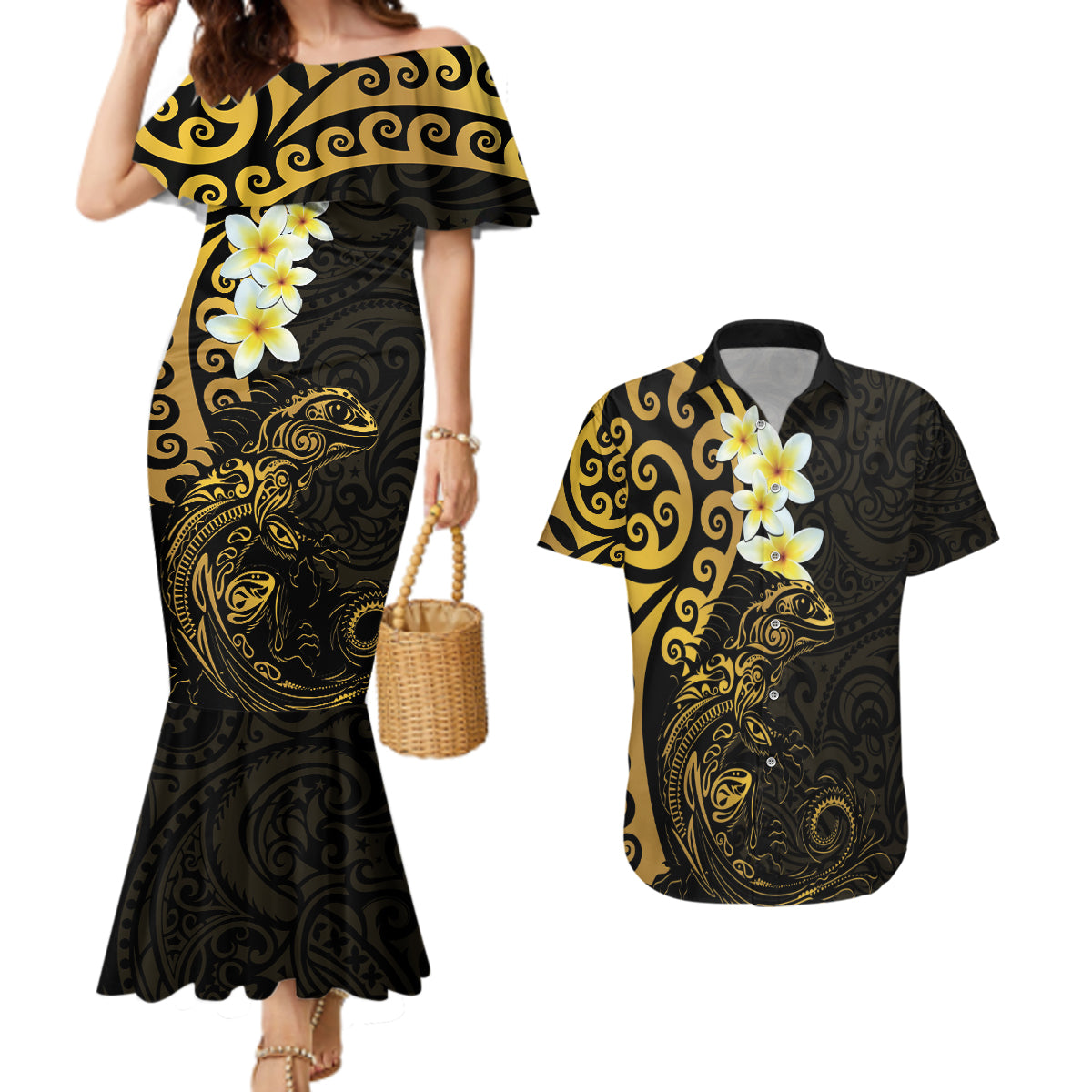 New Zealand Tuatara Plumeria Couples Matching Mermaid Dress and Hawaiian Shirt Maori Gold Koru Tribal Tattoo LT01 Gold - Polynesian Pride