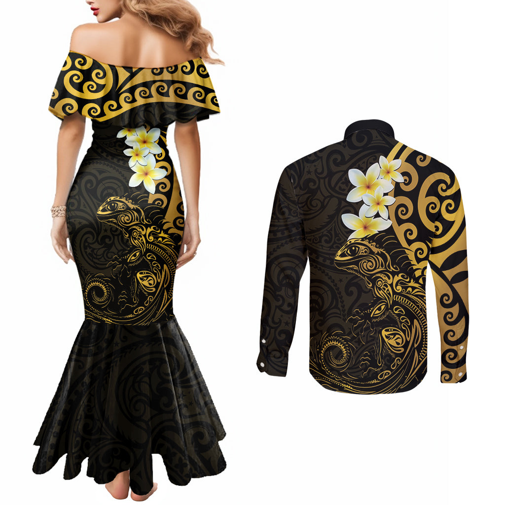 New Zealand Tuatara Plumeria Couples Matching Mermaid Dress and Long Sleeve Button Shirt Maori Gold Koru Tribal Tattoo LT01 - Polynesian Pride