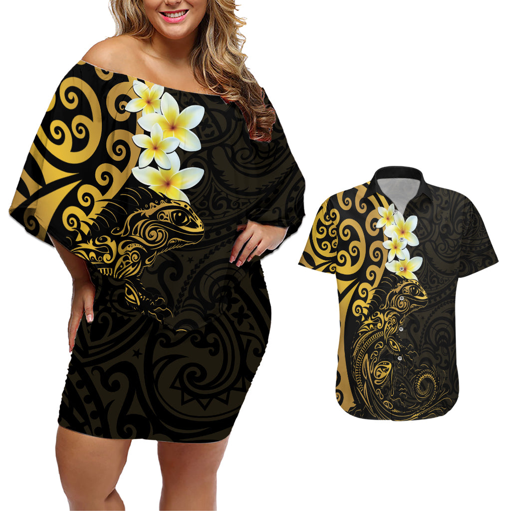 New Zealand Tuatara Plumeria Couples Matching Off Shoulder Short Dress and Hawaiian Shirt Maori Gold Koru Tribal Tattoo