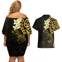 New Zealand Tuatara Plumeria Couples Matching Off Shoulder Short Dress and Hawaiian Shirt Maori Gold Koru Tribal Tattoo LT01 - Polynesian Pride