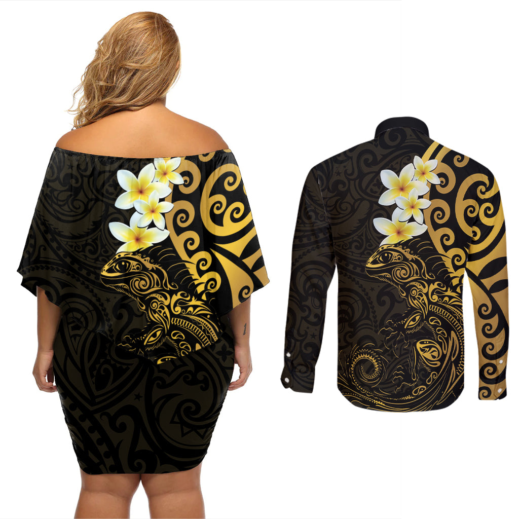 New Zealand Tuatara Plumeria Couples Matching Off Shoulder Short Dress and Long Sleeve Button Shirt Maori Gold Koru Tribal Tattoo LT01 - Polynesian Pride