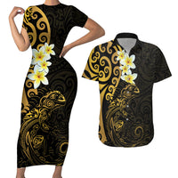 New Zealand Tuatara Plumeria Couples Matching Short Sleeve Bodycon Dress and Hawaiian Shirt Maori Gold Koru Tribal Tattoo LT01 Gold - Polynesian Pride