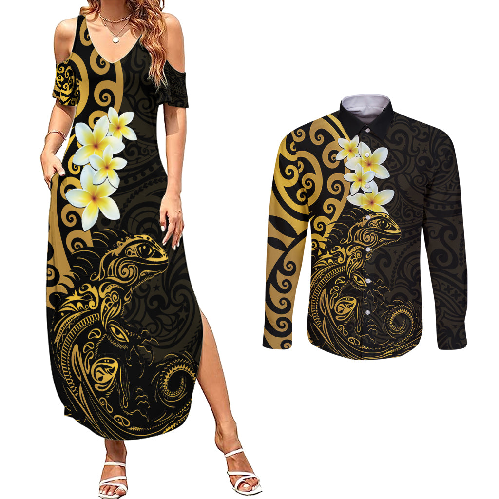 New Zealand Tuatara Plumeria Couples Matching Summer Maxi Dress and Long Sleeve Button Shirt Maori Gold Koru Tribal Tattoo
