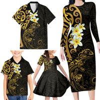 New Zealand Tuatara Plumeria Family Matching Long Sleeve Bodycon Dress and Hawaiian Shirt Maori Gold Koru Tribal Tattoo LT01 - Polynesian Pride