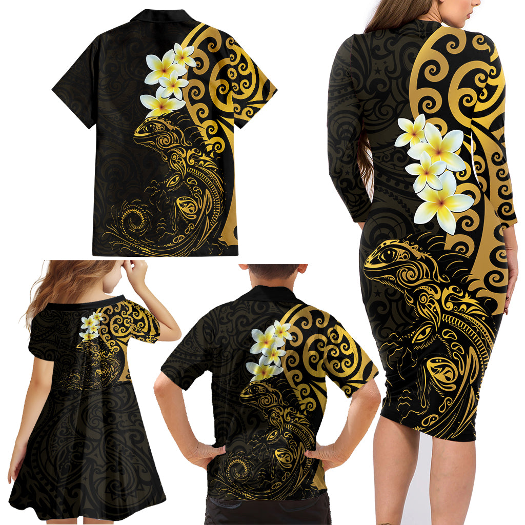 New Zealand Tuatara Plumeria Family Matching Long Sleeve Bodycon Dress and Hawaiian Shirt Maori Gold Koru Tribal Tattoo LT01 - Polynesian Pride