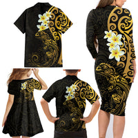 New Zealand Tuatara Plumeria Family Matching Long Sleeve Bodycon Dress and Hawaiian Shirt Maori Gold Koru Tribal Tattoo LT01 - Polynesian Pride