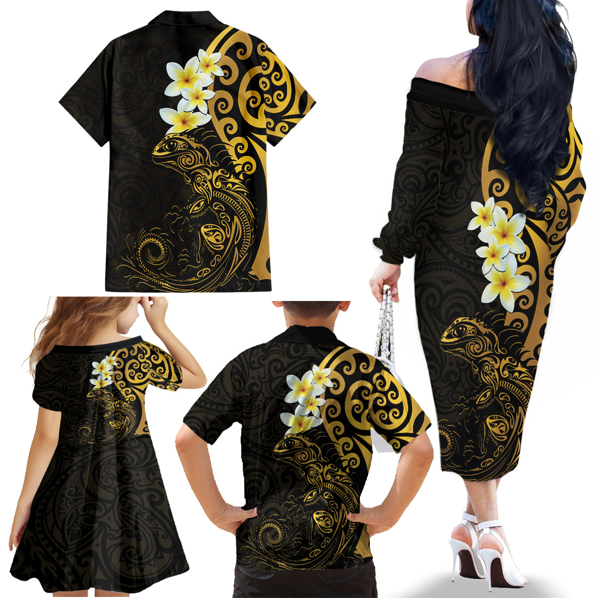 New Zealand Tuatara Plumeria Family Matching Off The Shoulder Long Sleeve Dress and Hawaiian Shirt Maori Gold Koru Tribal Tattoo LT01 - Polynesian Pride