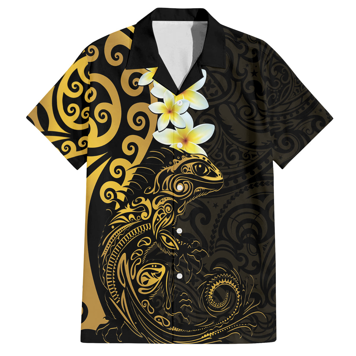 New Zealand Tuatara Plumeria Family Matching Off The Shoulder Long Sleeve Dress and Hawaiian Shirt Maori Gold Koru Tribal Tattoo LT01 Dad's Shirt - Short Sleeve Gold - Polynesian Pride