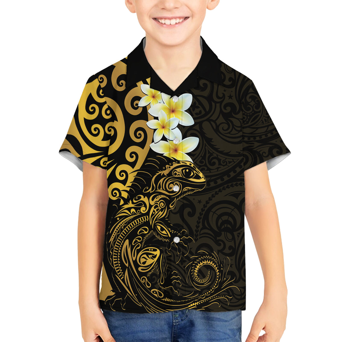 New Zealand Tuatara Plumeria Family Matching Off The Shoulder Long Sleeve Dress and Hawaiian Shirt Maori Gold Koru Tribal Tattoo LT01 Son's Shirt Gold - Polynesian Pride