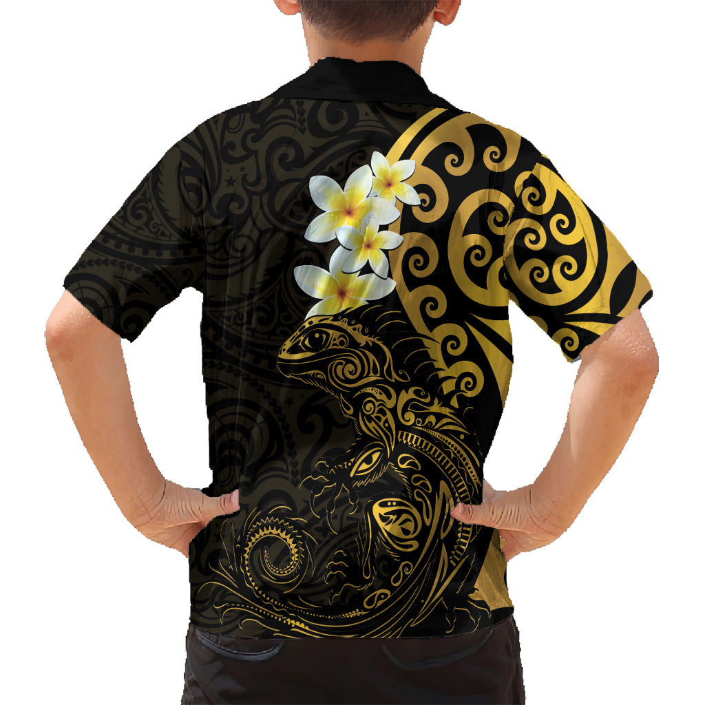 New Zealand Tuatara Plumeria Family Matching Off Shoulder Maxi Dress and Hawaiian Shirt Maori Gold Koru Tribal Tattoo LT01 - Polynesian Pride