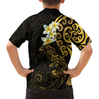 New Zealand Tuatara Plumeria Family Matching Off Shoulder Maxi Dress and Hawaiian Shirt Maori Gold Koru Tribal Tattoo LT01 - Polynesian Pride