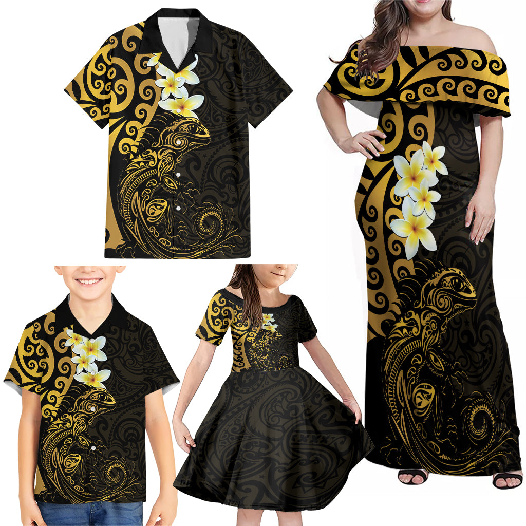 New Zealand Tuatara Plumeria Family Matching Off Shoulder Maxi Dress and Hawaiian Shirt Maori Gold Koru Tribal Tattoo LT01 - Polynesian Pride