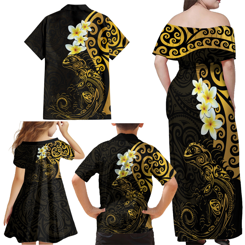 New Zealand Tuatara Plumeria Family Matching Off Shoulder Maxi Dress and Hawaiian Shirt Maori Gold Koru Tribal Tattoo LT01 - Polynesian Pride