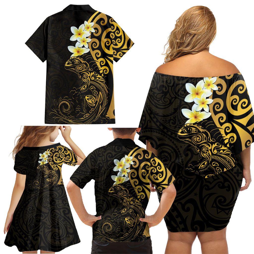 New Zealand Tuatara Plumeria Family Matching Off Shoulder Short Dress and Hawaiian Shirt Maori Gold Koru Tribal Tattoo LT01 - Polynesian Pride