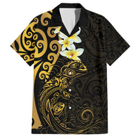 New Zealand Tuatara Plumeria Family Matching Off Shoulder Short Dress and Hawaiian Shirt Maori Gold Koru Tribal Tattoo LT01 Dad's Shirt - Short Sleeve Gold - Polynesian Pride