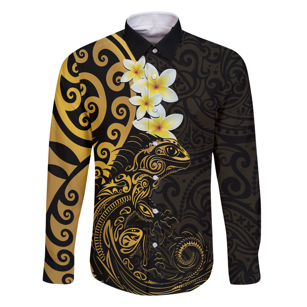 New Zealand Tuatara Plumeria Family Matching Off Shoulder Short Dress and Hawaiian Shirt Maori Gold Koru Tribal Tattoo LT01 Dad's Shirt - Long Sleeve Gold - Polynesian Pride
