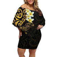 New Zealand Tuatara Plumeria Family Matching Off Shoulder Short Dress and Hawaiian Shirt Maori Gold Koru Tribal Tattoo LT01 Mom's Dress Gold - Polynesian Pride