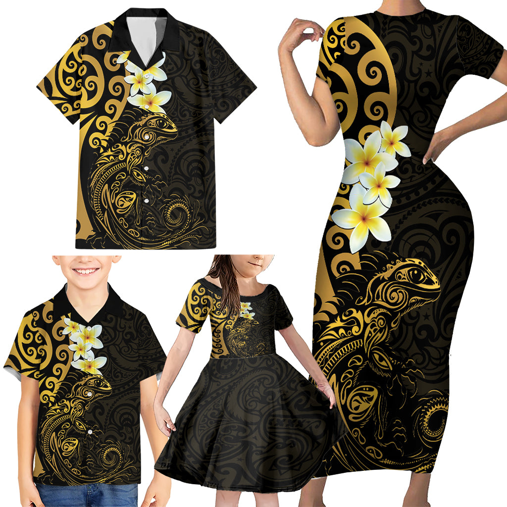 New Zealand Tuatara Plumeria Family Matching Short Sleeve Bodycon Dress and Hawaiian Shirt Maori Gold Koru Tribal Tattoo LT01 - Polynesian Pride