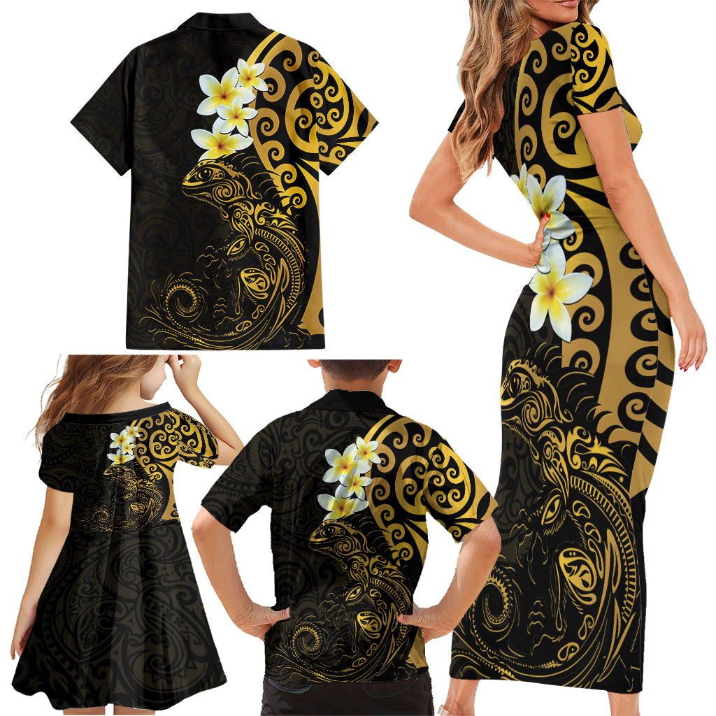 New Zealand Tuatara Plumeria Family Matching Short Sleeve Bodycon Dress and Hawaiian Shirt Maori Gold Koru Tribal Tattoo LT01 - Polynesian Pride