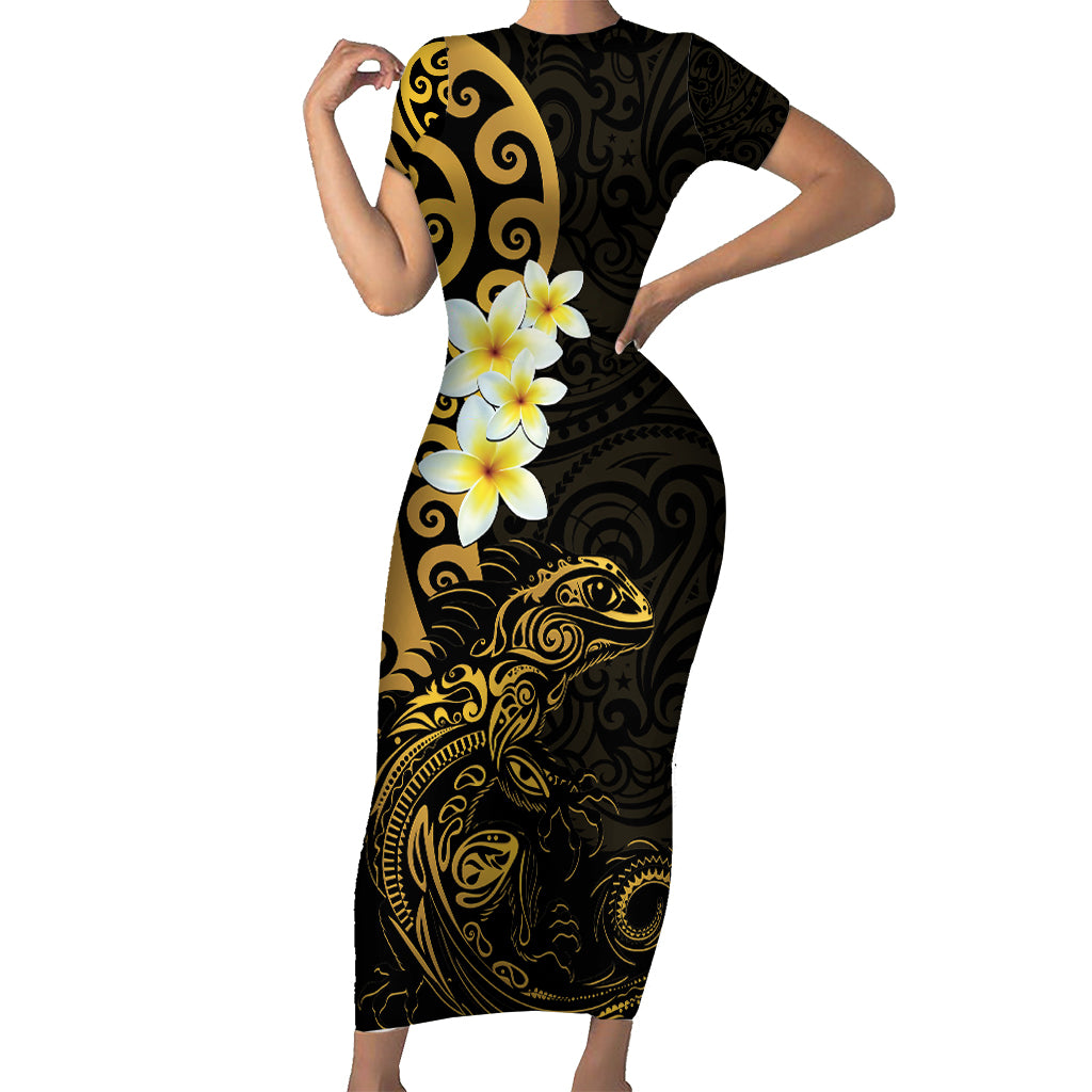New Zealand Tuatara Plumeria Family Matching Short Sleeve Bodycon Dress and Hawaiian Shirt Maori Gold Koru Tribal Tattoo LT01 Mom's Dress Gold - Polynesian Pride