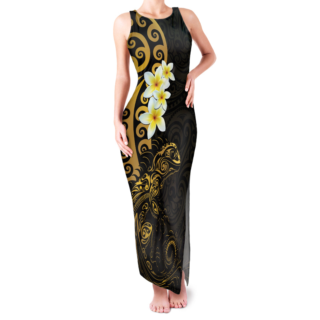 New Zealand Tuatara Plumeria Family Matching Tank Maxi Dress and Hawaiian Shirt Maori Gold Koru Tribal Tattoo LT01 Mom's Dress Gold - Polynesian Pride