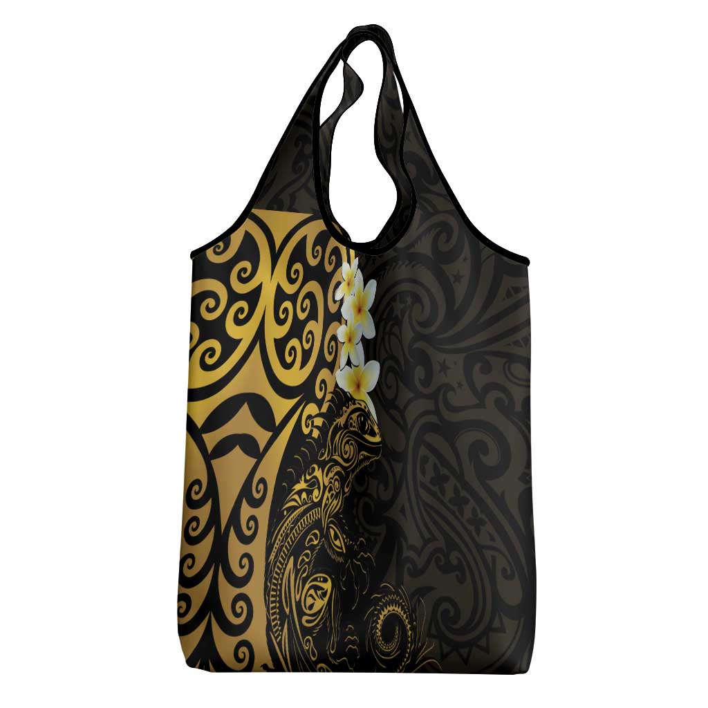 New Zealand Tuatara Plumeria Grocery Bag Maori Gold Koru Tribal Tattoo LT01 - Polynesian Pride