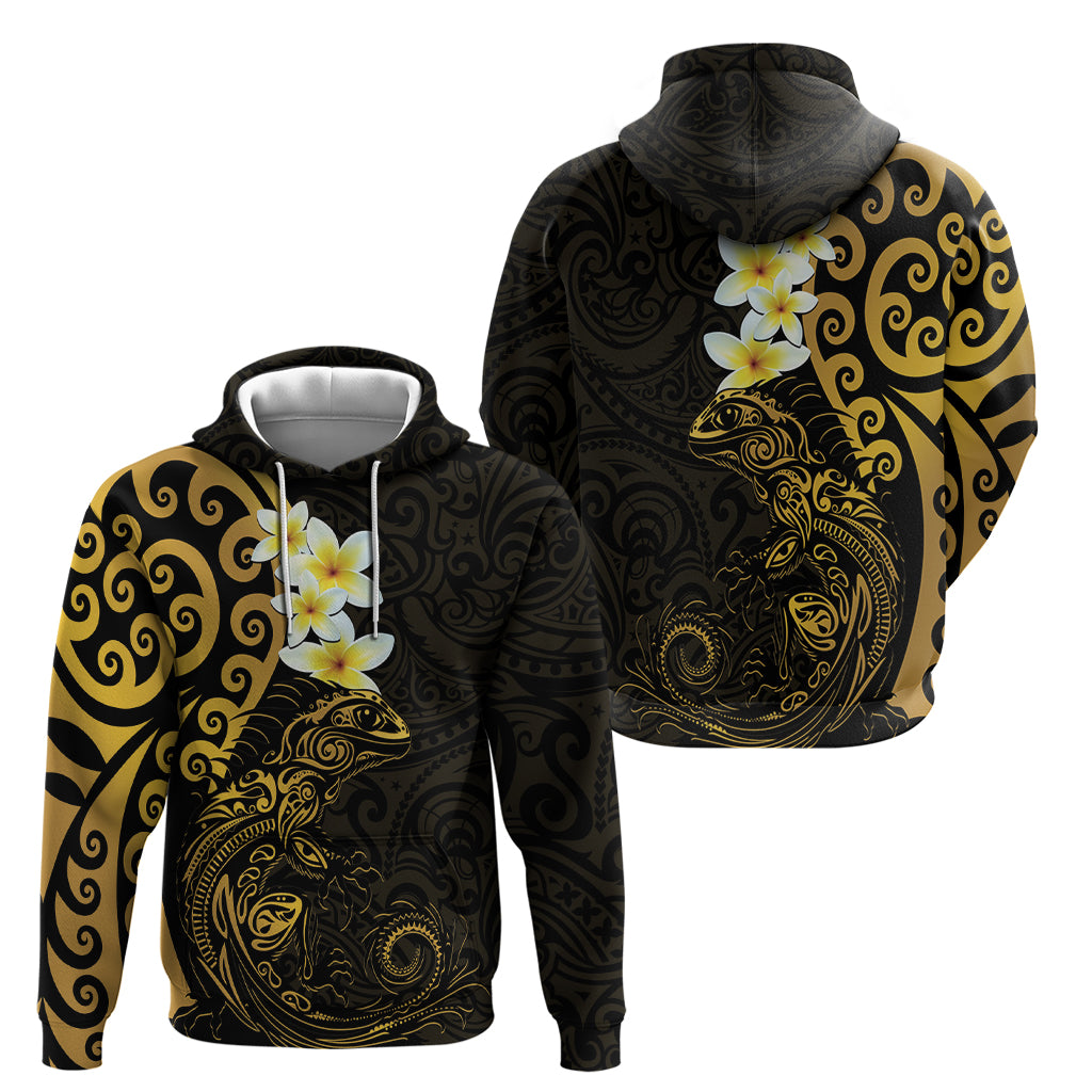 New Zealand Tuatara Plumeria Hoodie Maori Gold Koru Tribal Tattoo LT01 - Polynesian Pride