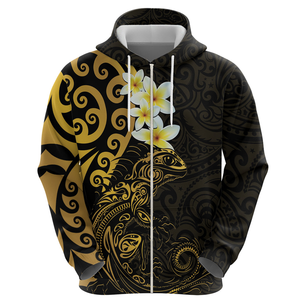 New Zealand Tuatara Plumeria Hoodie Maori Gold Koru Tribal Tattoo LT01 - Polynesian Pride