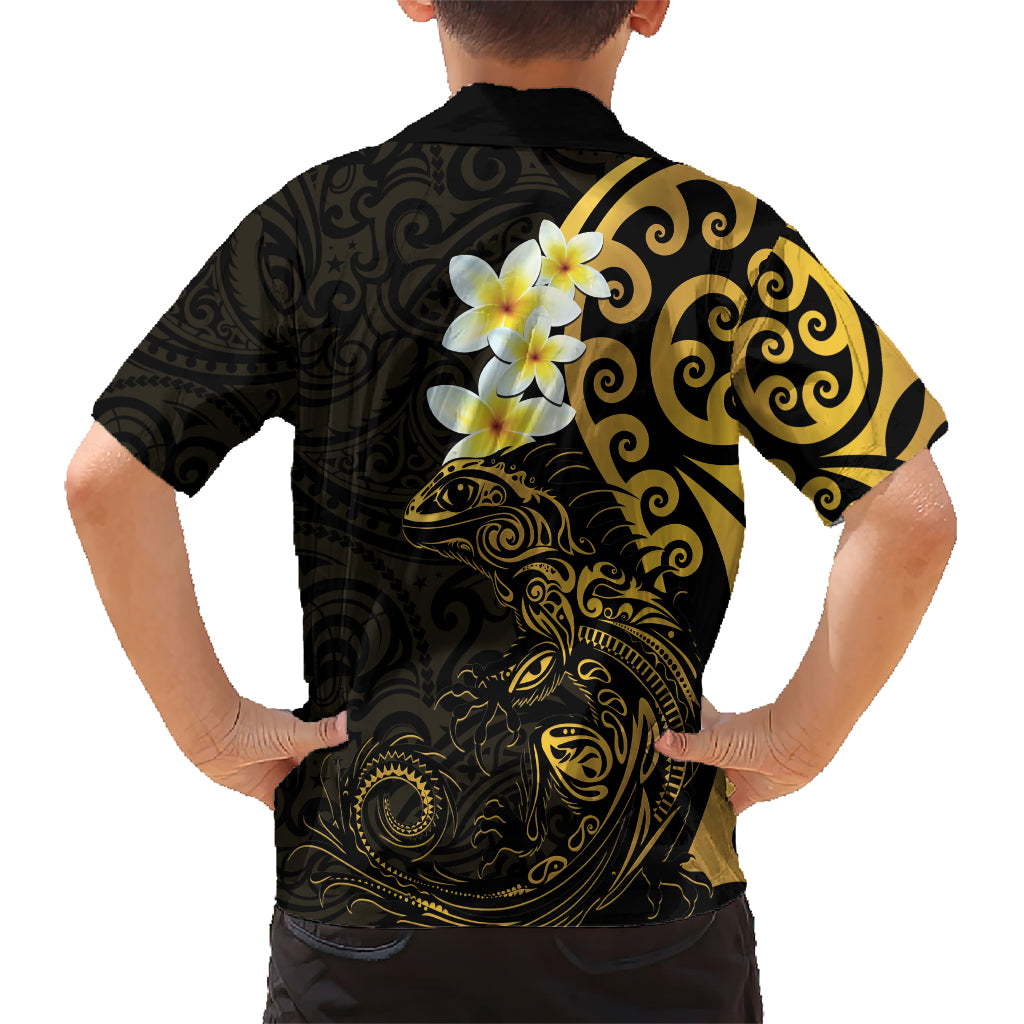 New Zealand Tuatara Plumeria Kid Hawaiian Shirt Maori Gold Koru Tribal Tattoo LT01 - Polynesian Pride
