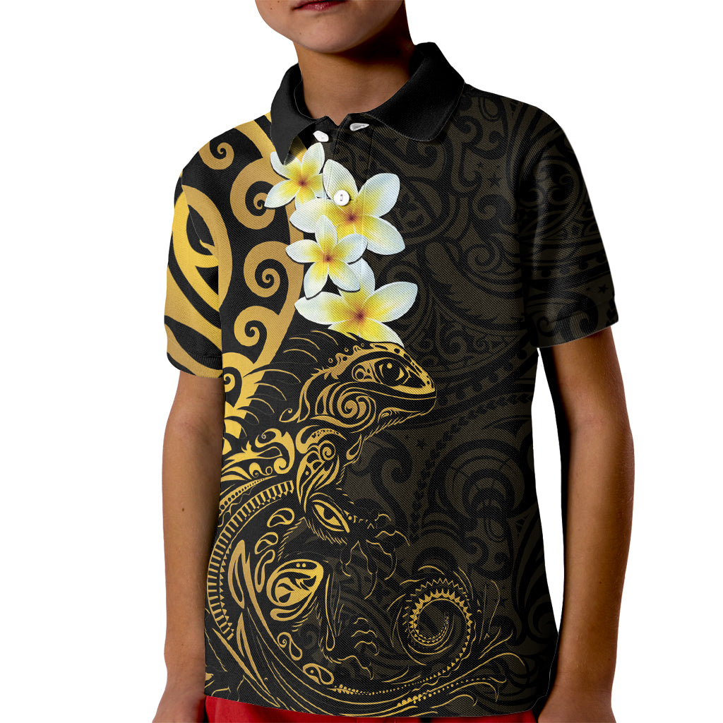 New Zealand Tuatara Plumeria Kid Polo Shirt Maori Gold Koru Tribal Tattoo LT01 Kid Gold - Polynesian Pride