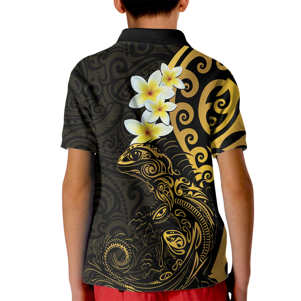 New Zealand Tuatara Plumeria Kid Polo Shirt Maori Gold Koru Tribal Tattoo LT01 - Polynesian Pride
