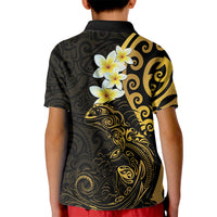 New Zealand Tuatara Plumeria Kid Polo Shirt Maori Gold Koru Tribal Tattoo LT01 - Polynesian Pride