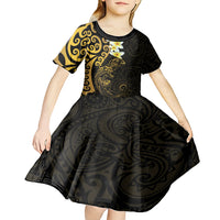 New Zealand Tuatara Plumeria Kid Short Sleeve Dress Maori Gold Koru Tribal Tattoo LT01 - Polynesian Pride